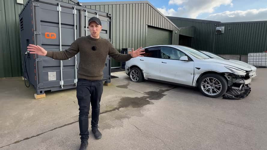 Unassuming Container Gives Second Life To Totaled Tesla Batteries